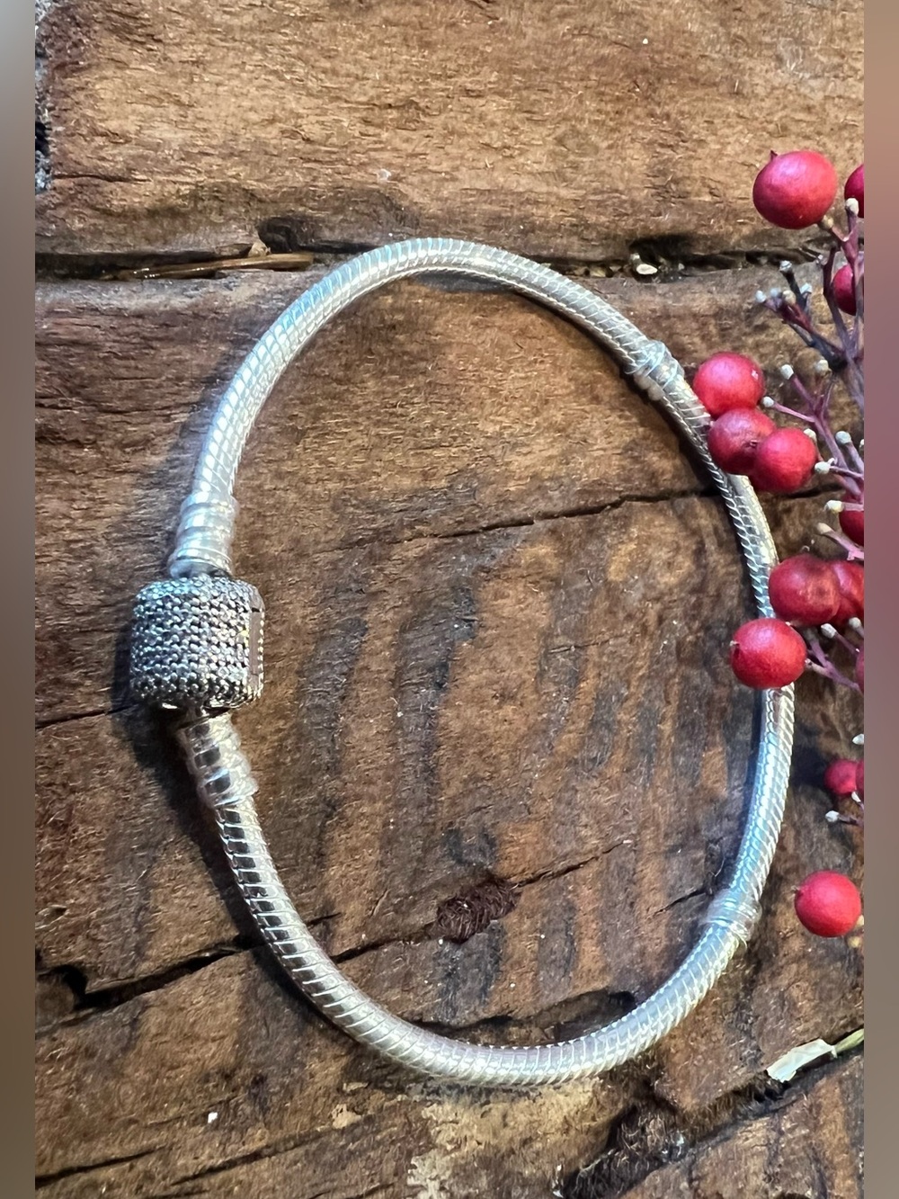 Sterling Silver Pave Clasp Snake Chain Bracelet - Silver